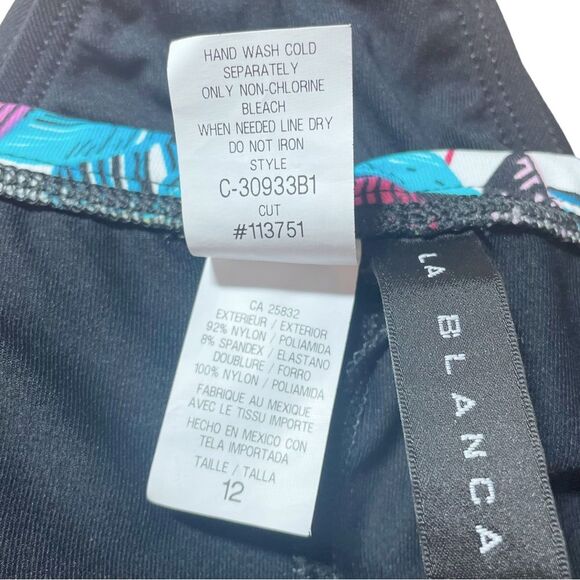NWT La Blanca Vintage Y2K Ruched Tropical Waist Black Bikini Bottom Size 12 NEW - Picture 10 of 13